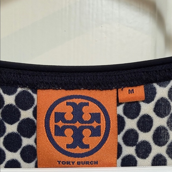 Tory Burch sz M 100% SILK Navy Dotted beaded collar w blue eyelet trim logo - Picture 2 of 12